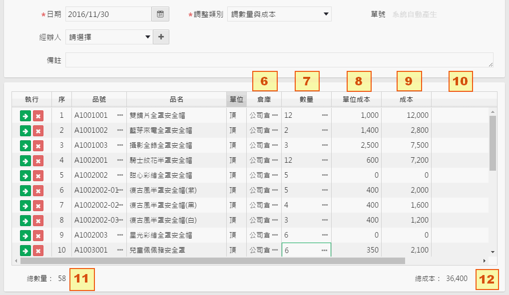 調整單明細，標示 6 倉庫、7 數量、8 單位成本、9 成本、10 備註、11 總數量、12 總成本