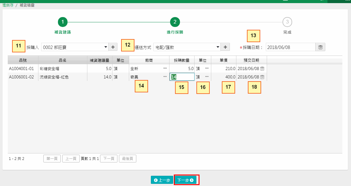 補貨精靈第二步：填入採購人、運送方式、採購日期、廠商、採購數量、單價與預交日期