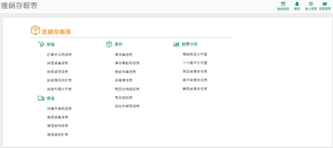 進銷存報表目錄頁，分成銷貨、進貨、庫存、銷售分析四組，共 21 張報表
