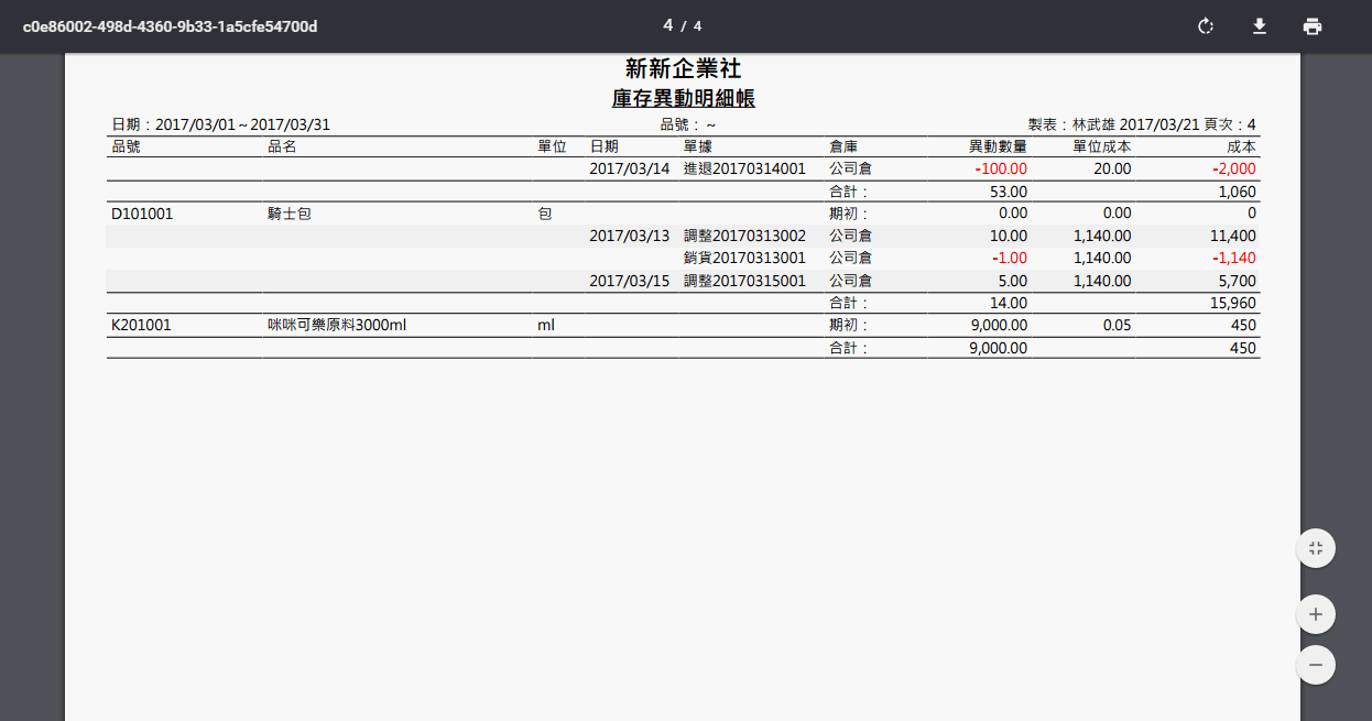 庫存異動明細帳 PDF 報表：每個商品有期初列、各筆異動、合計列