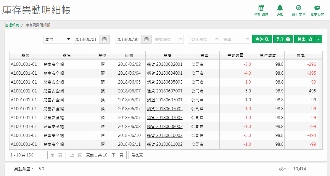 庫存異動明細帳查詢畫面：品號、品名、單位、日期、單據、倉庫、異動數量、單位成本、成本，最下方異動數量與成本合計
