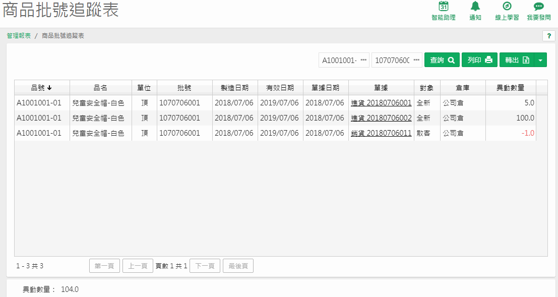商品批號追蹤表查詢結果：兒童安全帽白色，批號 1070706001，兩筆進貨及一筆銷貨，異動數量合計 104