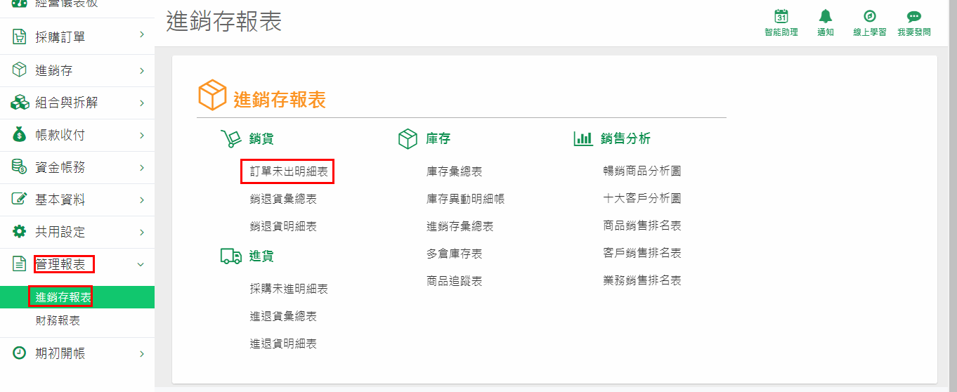 A1 左側選單展開「管理報表」後，有「進銷存報表」與「財務報表」兩個項目；右側是進銷存報表的目錄頁，分成銷貨、進貨、庫存、銷售分析四組