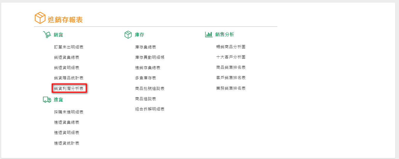 進銷存報表目錄，紅框標出銷貨組裡的「銷貨利潤分析表」