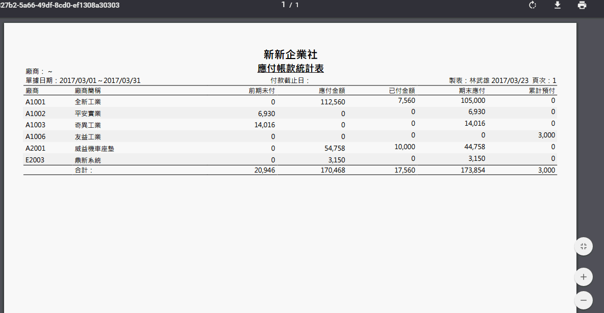 應付帳款統計表列印後的 PDF，每家廠商一行，下方有總計