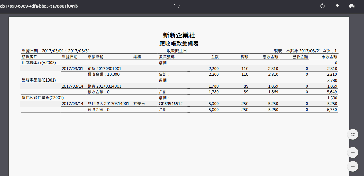 應收帳款彙總表列印後的 PDF，每張帳款單據一行