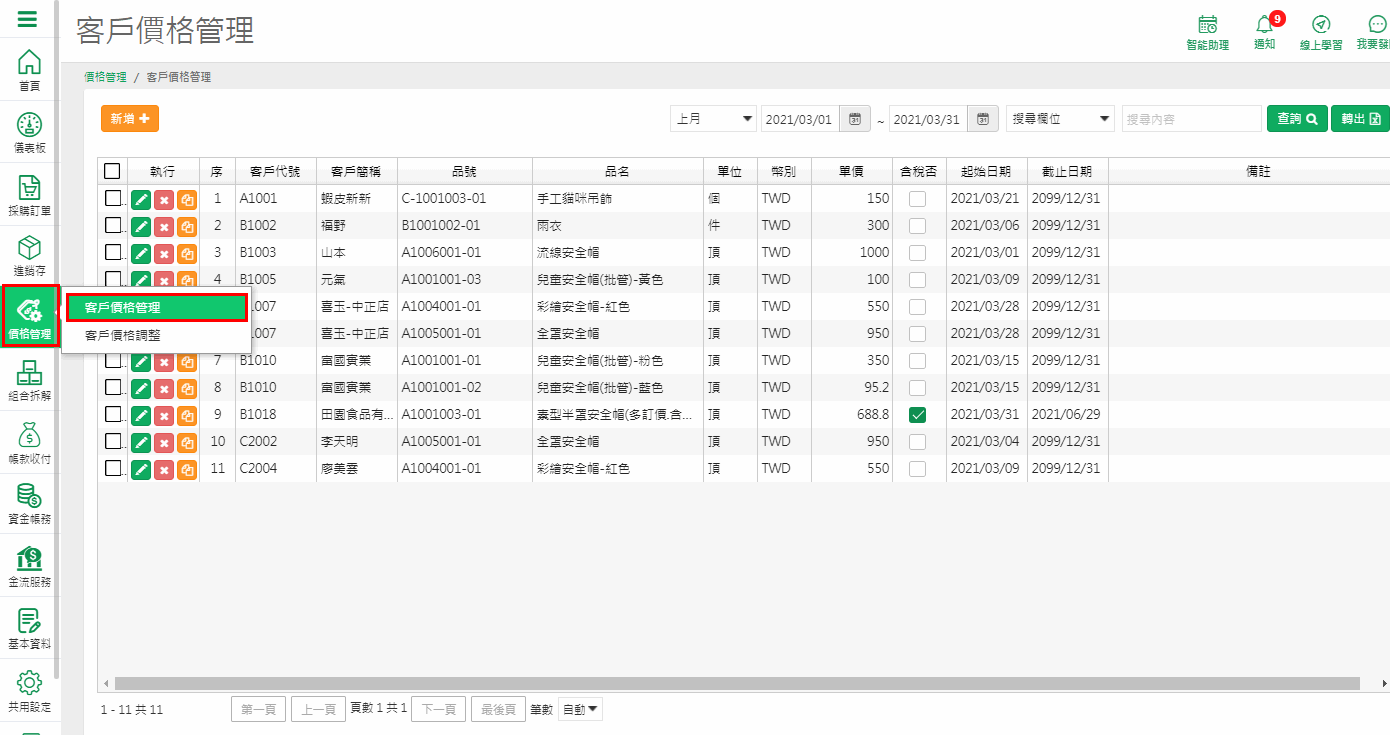 客戶價格管理作業的瀏覽畫面，列出各客戶各商品的價格記錄