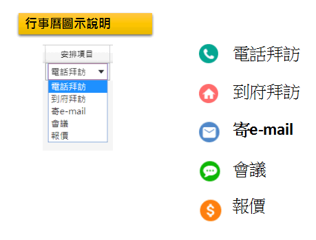 行事曆圖示說明：電話拜訪是綠色電話、到府拜訪是紅色房子、寄 e-mail 是藍色信封、會議是綠色對話框、報價是橘色錢幣符號