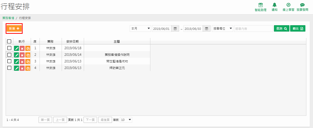 行程安排清單頁：左上角橘色新增按鈕，清單欄位有業務、安排日期、主題，每列有修改、刪除、複製按鈕